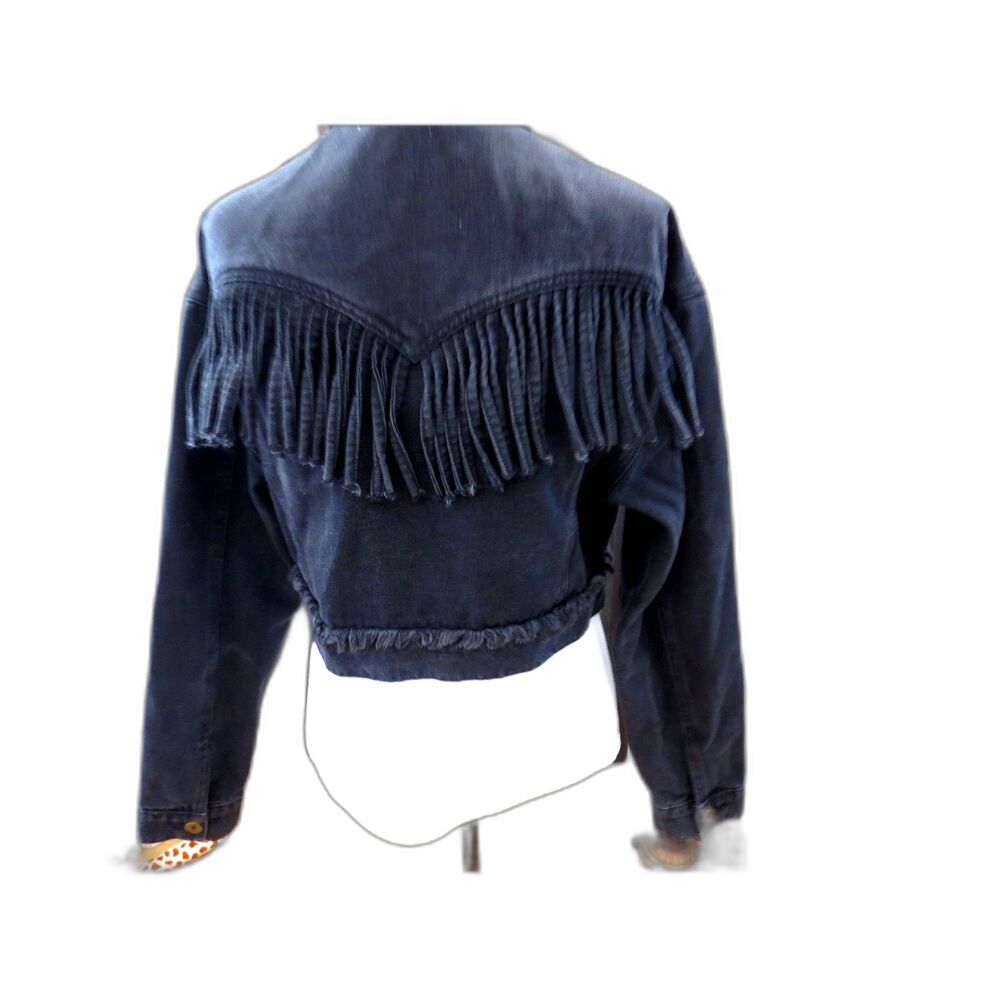 Wild Honey Women's Western Denim Cropped Fringe Jacket Black S EUC - Picture 4 of 9